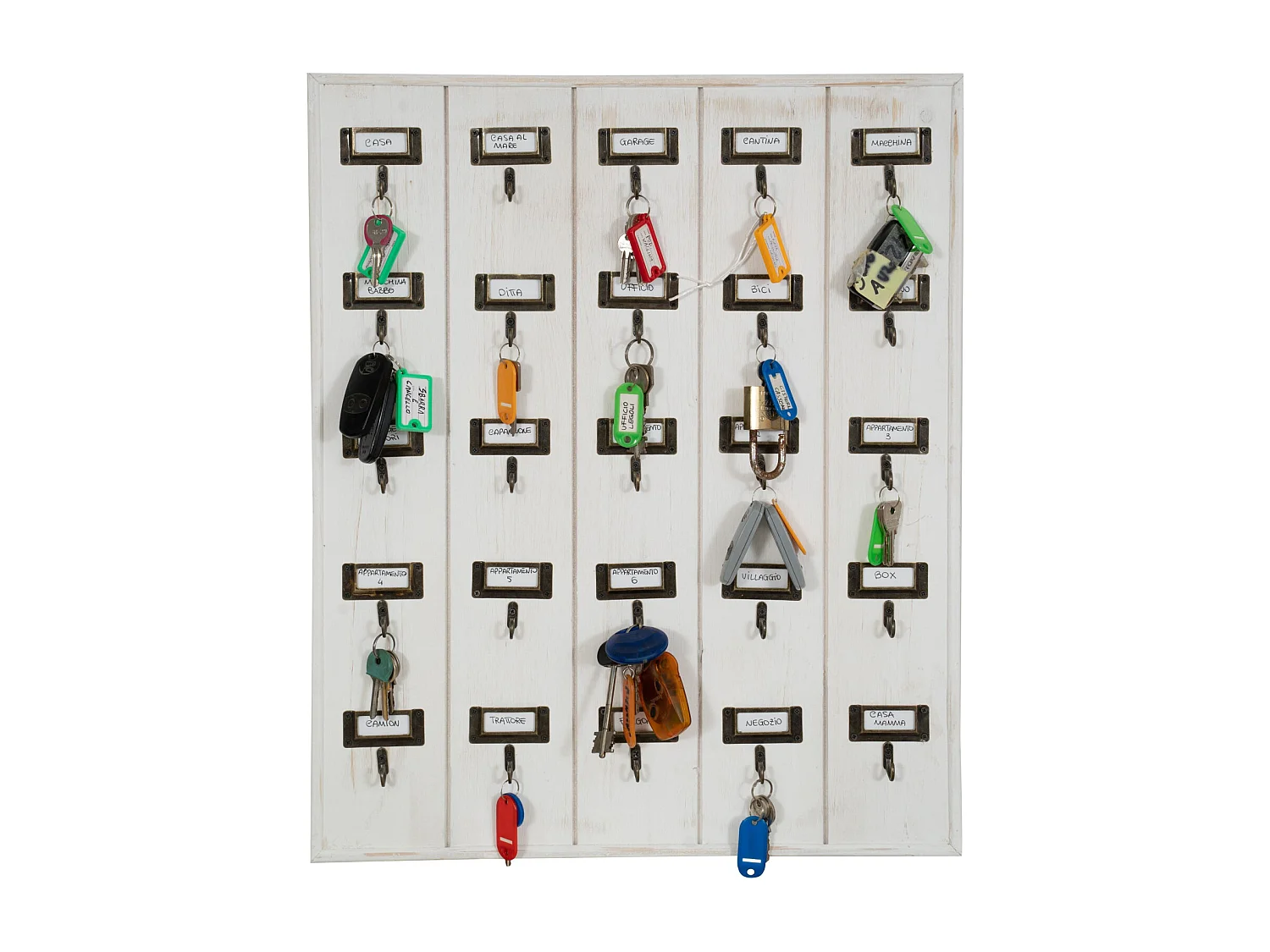 BISCOTTINI Porte-Clés en Bois - Finition Blanc Antique - Décoration d’Entrée - Rangement - Suspendu - Support Mural -  49.5 x 4 x 60 cm - 25 crochets