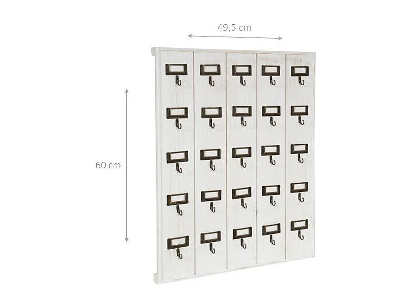 BISCOTTINI Porte-Clés en Bois - Finition Blanc Antique - Décoration d’Entrée - Rangement - Suspendu - Support Mural -  49.5 x 4 x 60 cm - 25 crochets