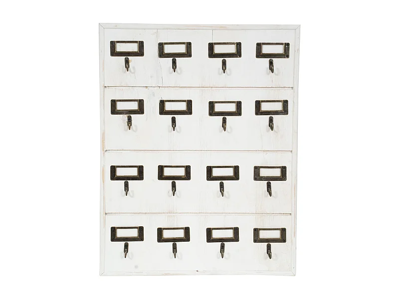 BISCOTTINI Porte-Clés en Bois - Finition Blanc Antique - Décoration d’Entrée - Rangement - Suspendu - Support Mural - 37 x 4 x 47 cm - 16 crochets