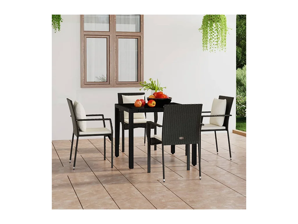 Cadeiras de jardim com almofadões 4 peças vime PE preto