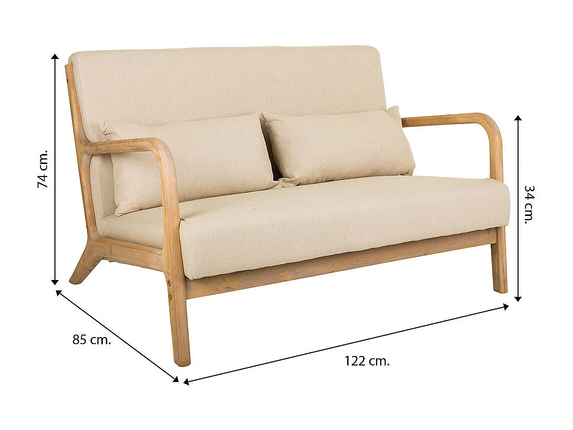 Canapé en bois et assise tapissée couleur crème 122x85x34/74h