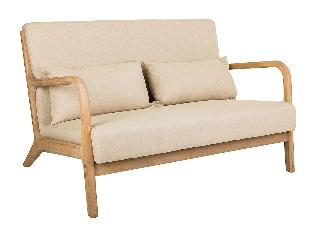 Sofá de madera y tapizado color crema 122x85x34/74