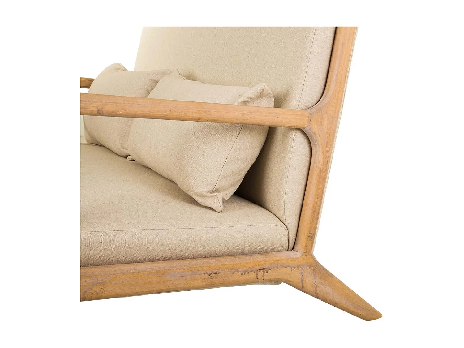 Sofá de madera y tapizado color crema 122x85x34/74