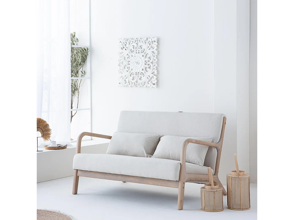 Sofá de madeira com estofamento creme 122x85x34/74