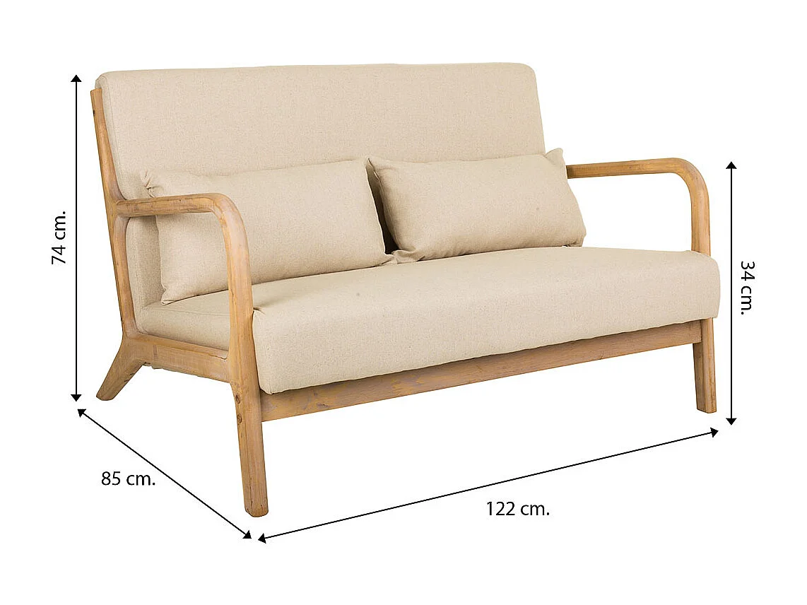 Sofá de madeira com estofamento creme 122x85x34/74
