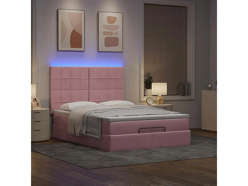 Cadre de lit ottoman avec matelas rose 140x190 cm velours
