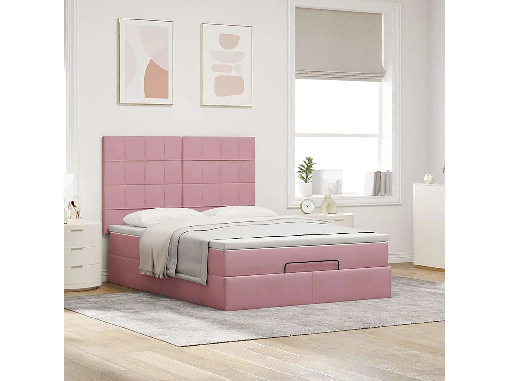 Cadre de lit ottoman avec matelas rose 140x190 cm velours