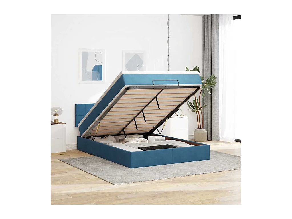 Cadre de lit ottoman avec matelas bleu foncé 140x190 cm velours