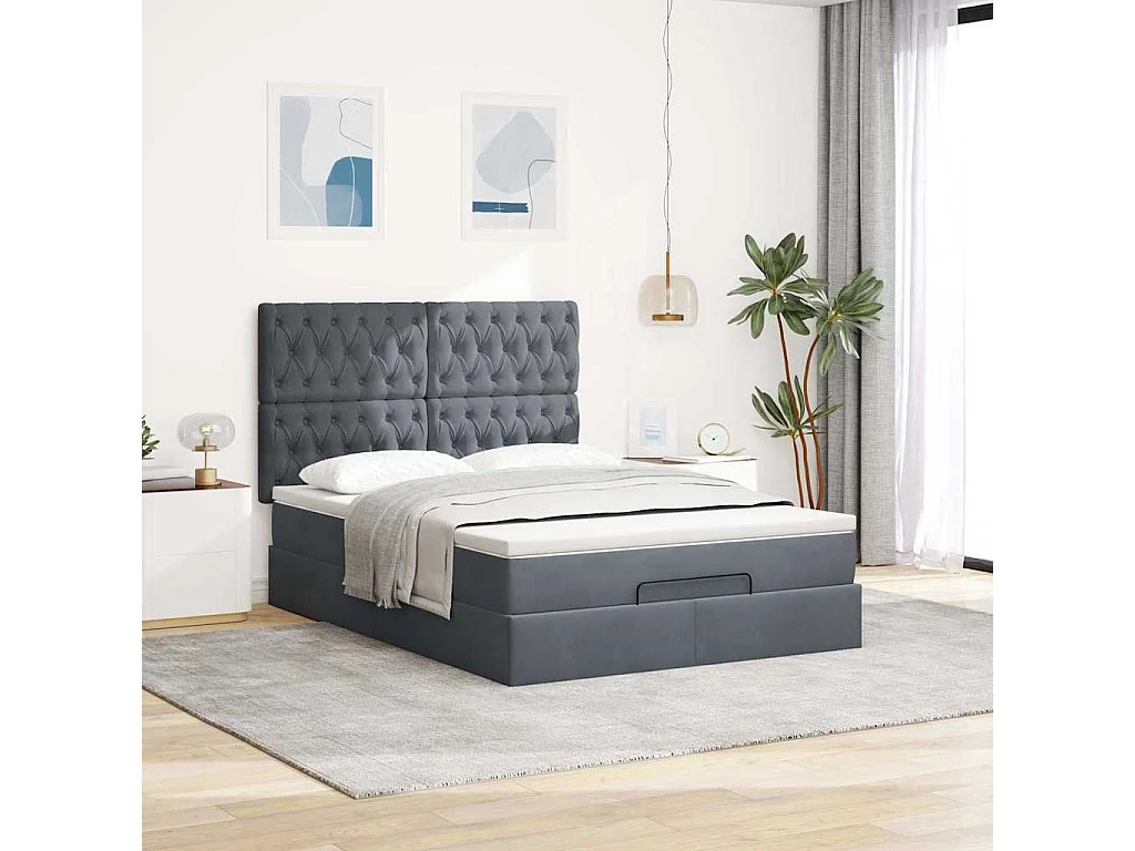 Cadre de lit ottoman avec matelas gris foncé 140x190 cm velours