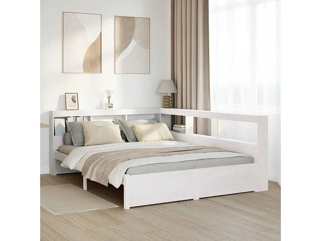 Cama con estantería sin colchón madera maciza blanca 160x200 cm