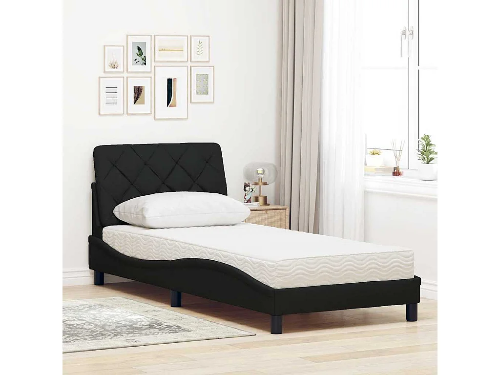 Lit avec matelas noir 90x190 cm tissu