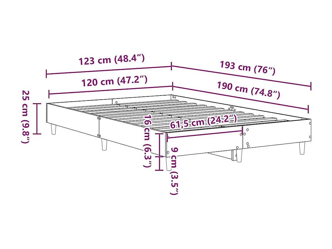 Cadre de lit sans matelas chêne artisanal 120x190 cm