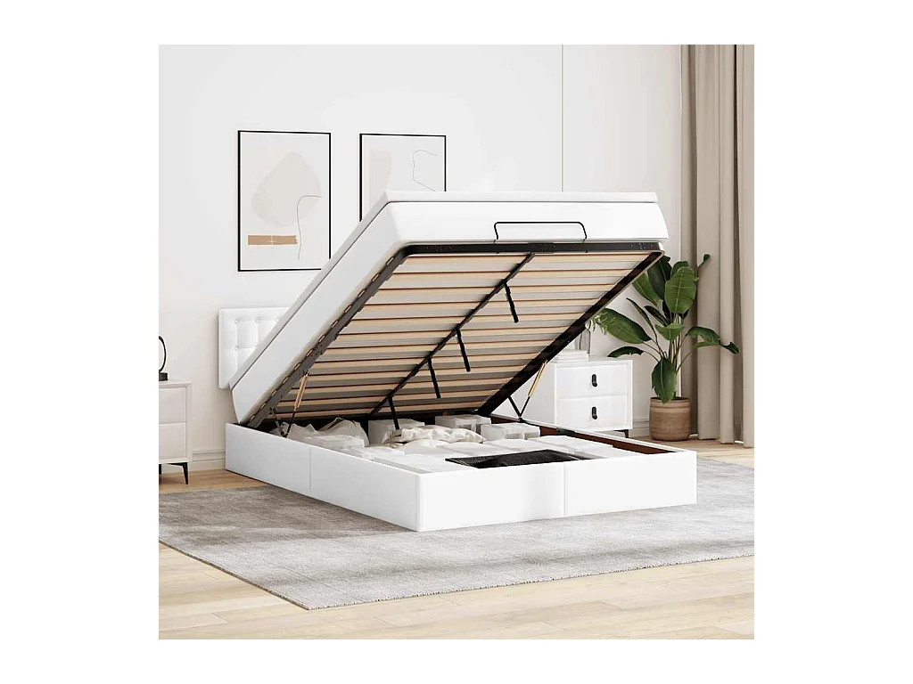 Cadre de lit ottoman avec matelas blanc 140x190 cm similicuir