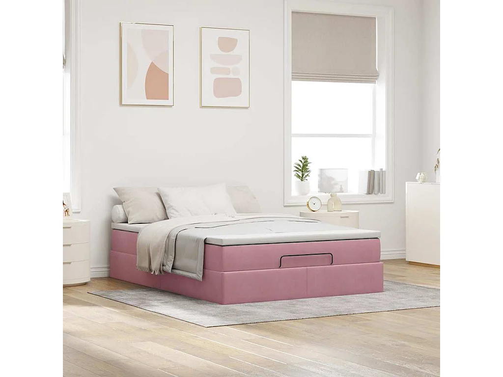 Estructura cama otomana colchón terciopelo rosa 140x200cm