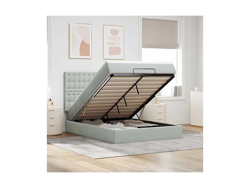 Cadre de lit ottoman et matelas gris clair 140x190 velours