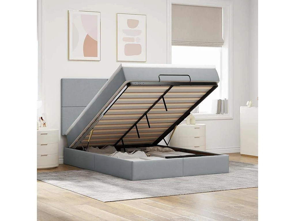 Estructura cama otomana con colchón tela gris claro 140x190 cm