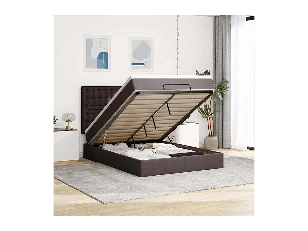 Cadre de lit ottoman avec matelas marron foncé 140x190 cm tissu