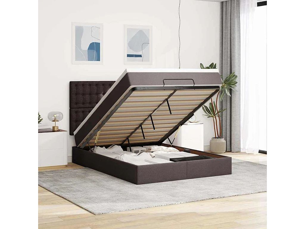 Estructura cama otomana colchón tela marrón oscuro 140x190cm