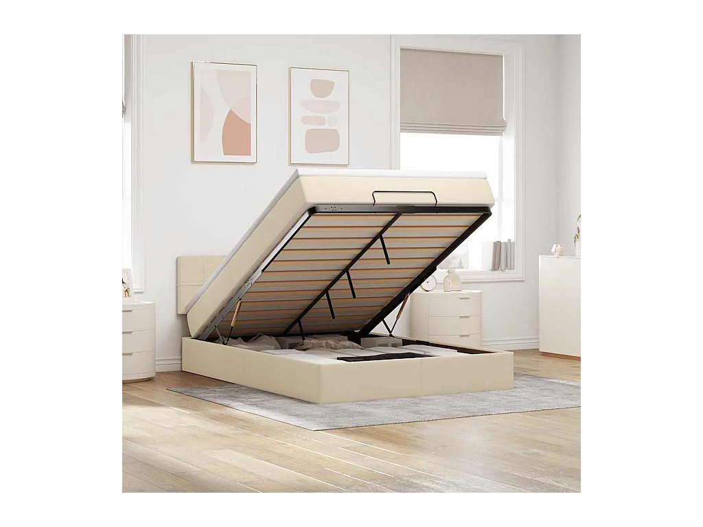 Cama otomana con colchón de tela color crema 140x190 cm
