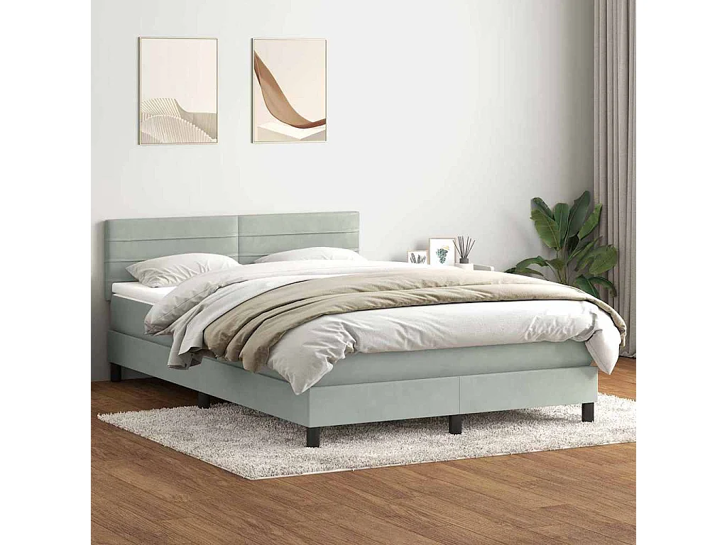 Sommier à lattes de lit et matelas gris clair 140x210cm velours