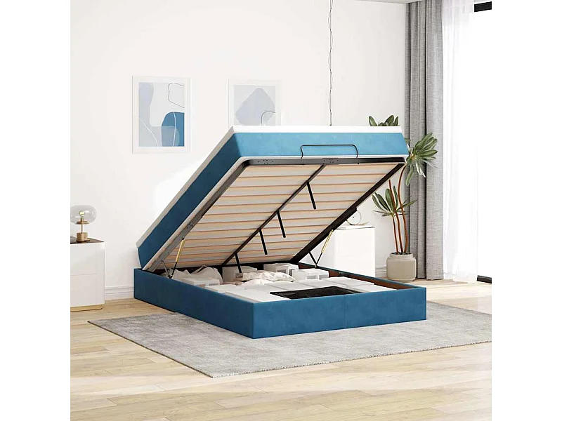 Cadre de lit ottoman avec matelas bleu foncé 140x190 cm velours