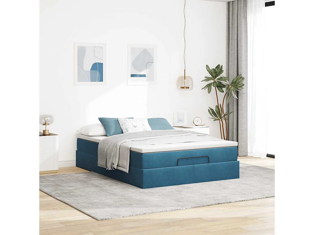 Cadre de lit ottoman avec matelas bleu foncé 140x190 cm velours