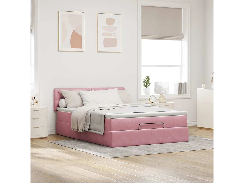 Cadre de lit ottoman avec matelas rose 140x190 cm velours