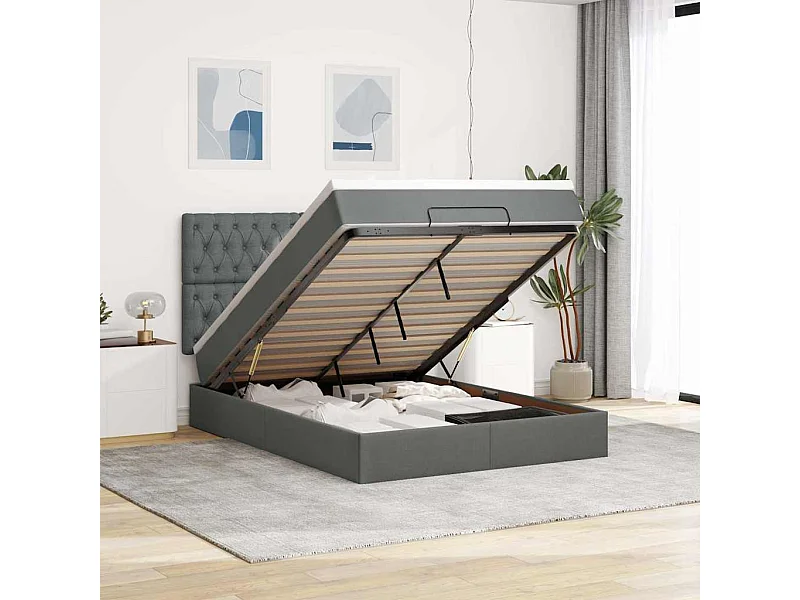 Cadre de lit ottoman avec matelas gris foncé 140x190 cm tissu