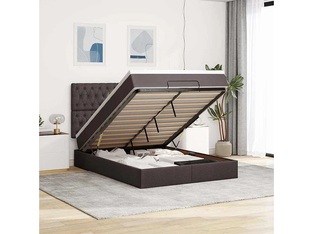 Estructura cama otomana colchón tela marrón oscuro 140x190cm