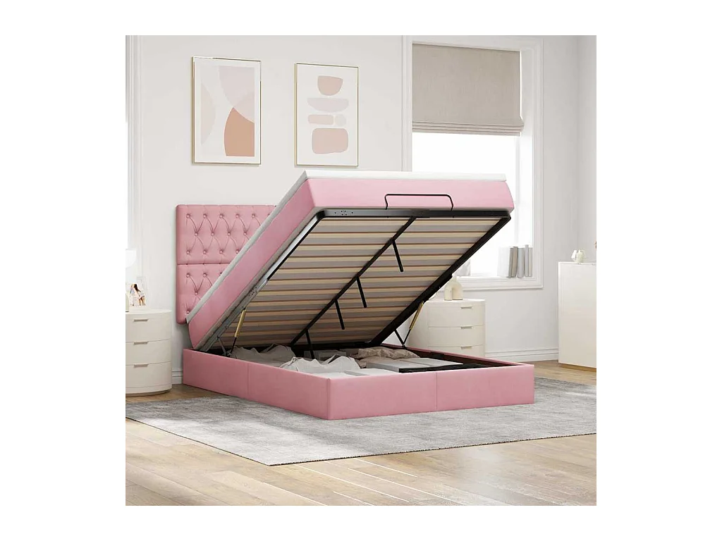 Estructura cama otomana con colchones terciopelo rosa 140x190cm