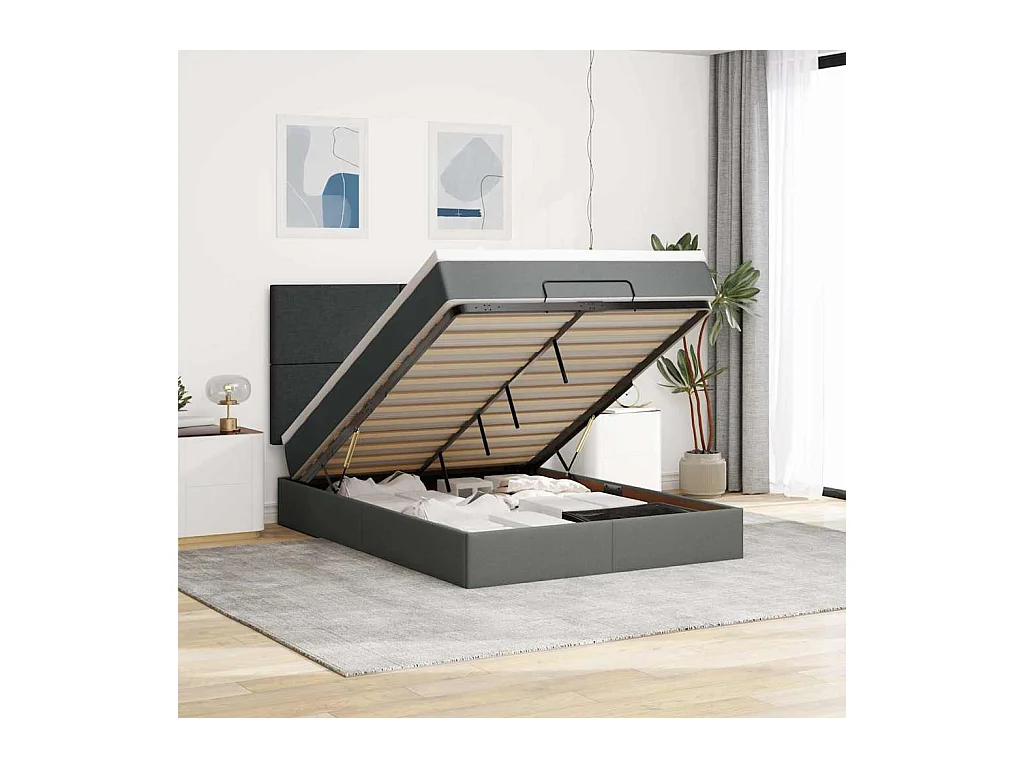 Estructura cama otomana colchón tela gris oscuro 140x190cm