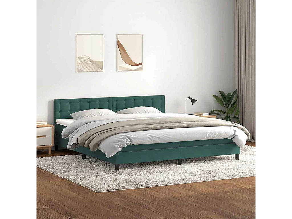 Cama box spring con colchón terciopelo verde oscuro 180x220 cm