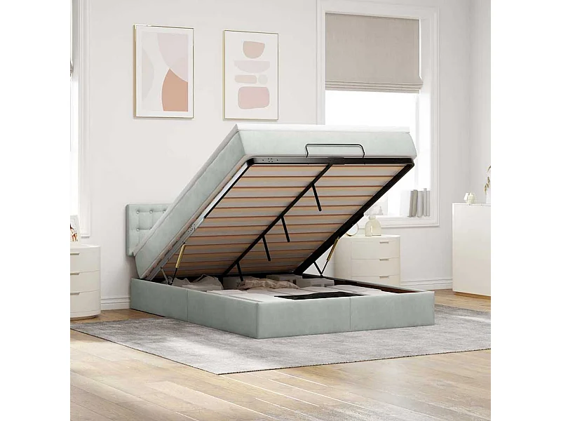 Cadre de lit ottoman et matelas gris clair 140x190 velours