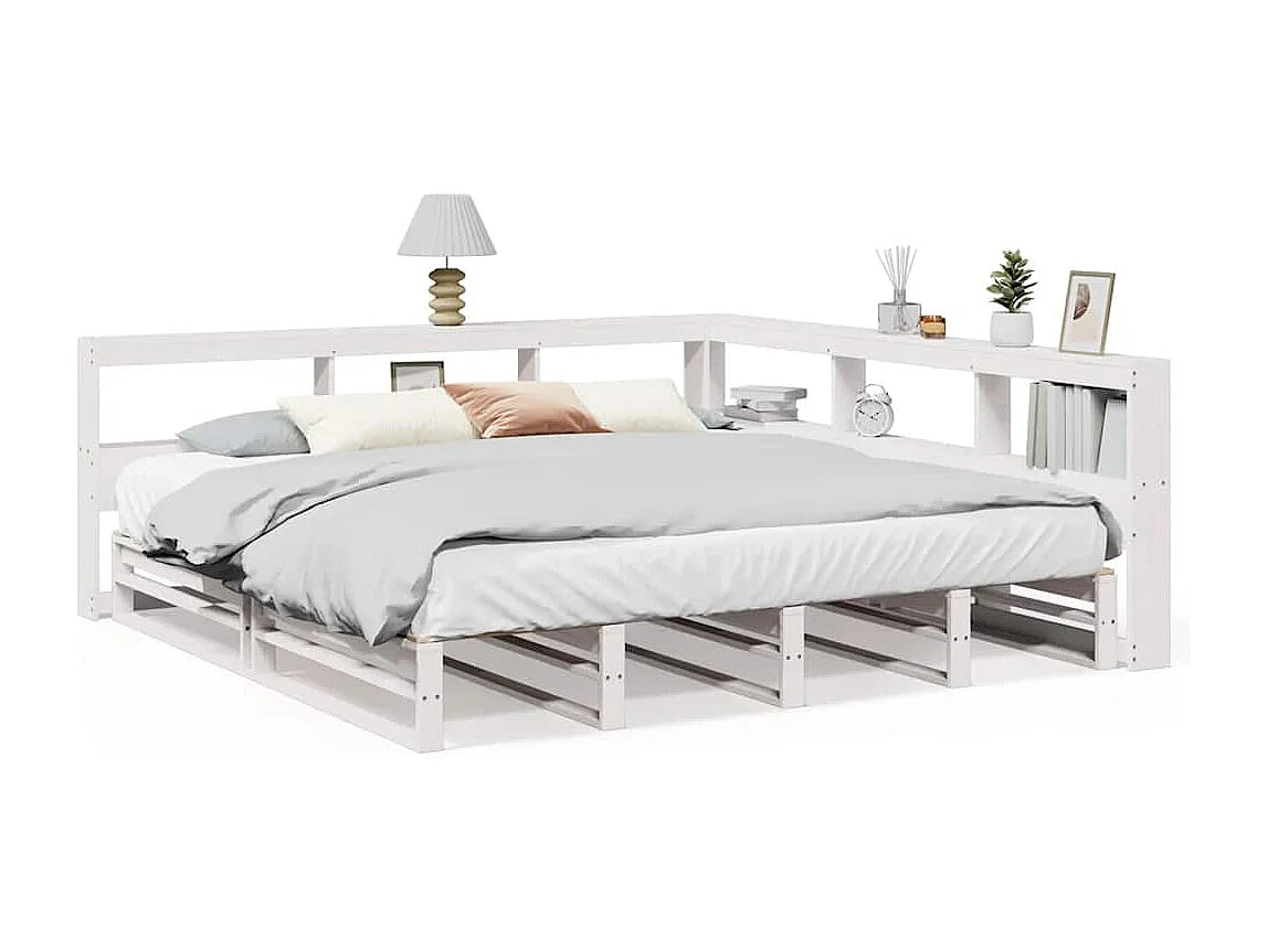 Lit bibliothèque sans matelas blanc 200x200 cm bois pin massif