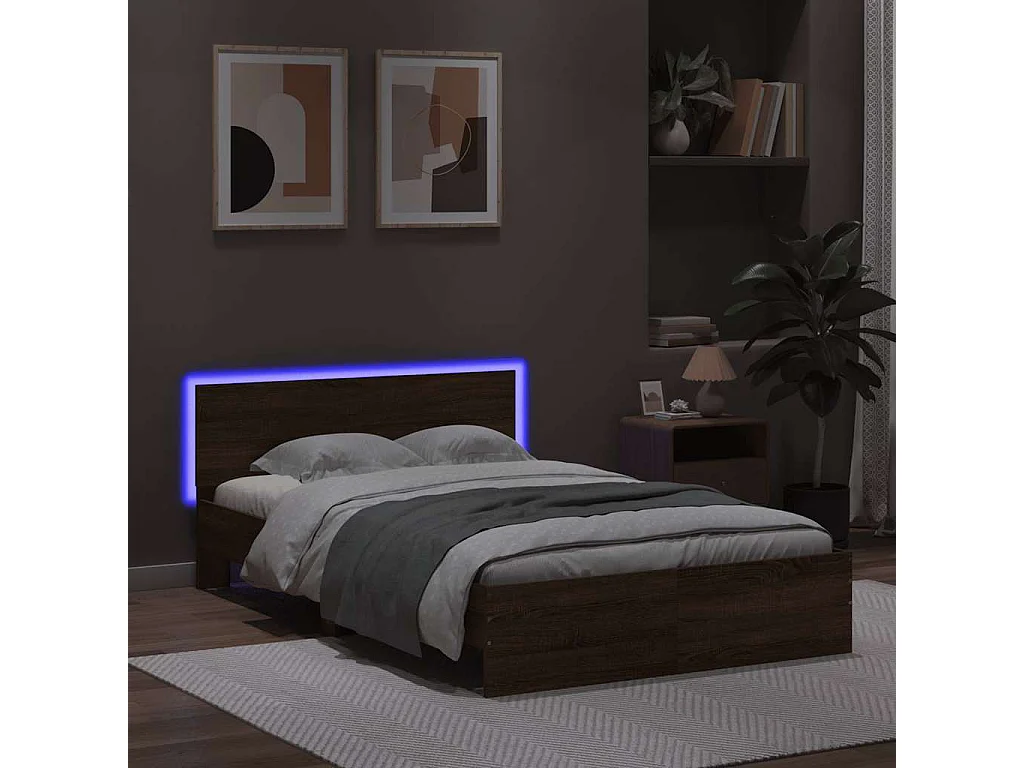 Estructura de cama cabecero y luces LED marrón roble 120x190 cm