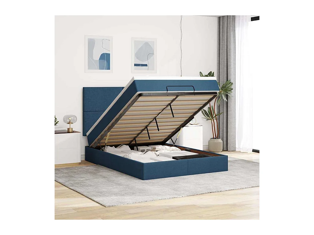 Estructura de cama otomana con colchón tela azul 140x190cm