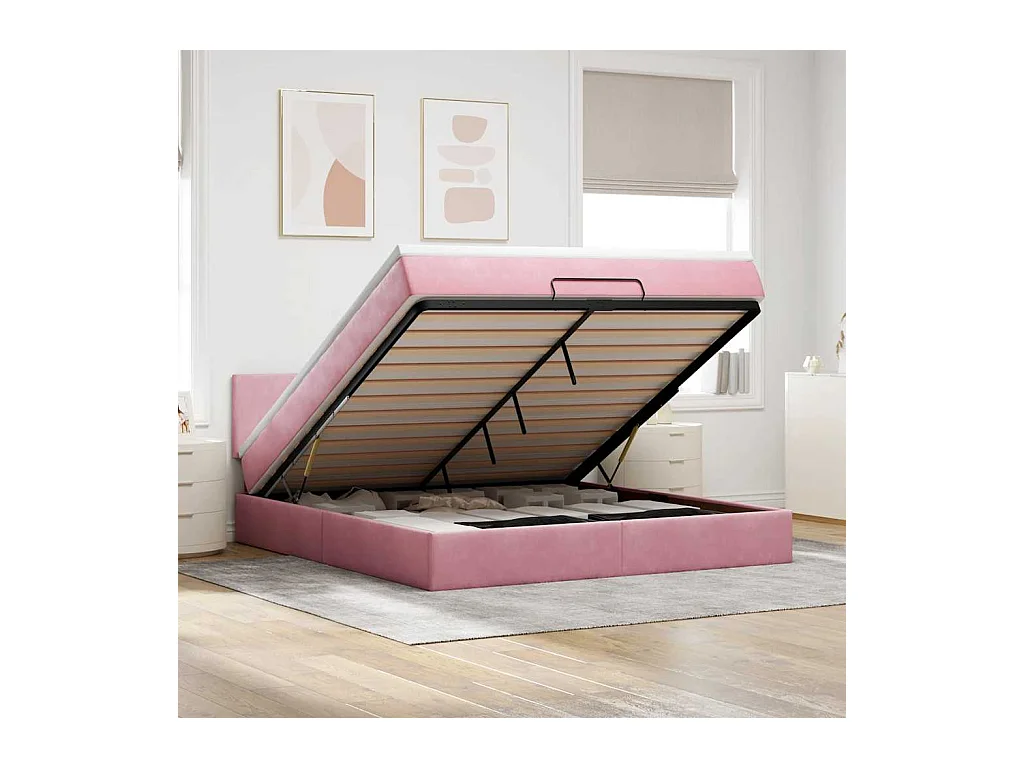 Cadre de lit ottoman avec matelas rose 160x200 cm velours