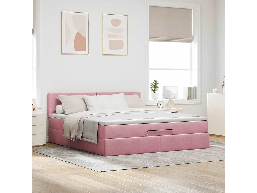 Estructura cama otomana con colchón terciopelo rosa 160x200 cm