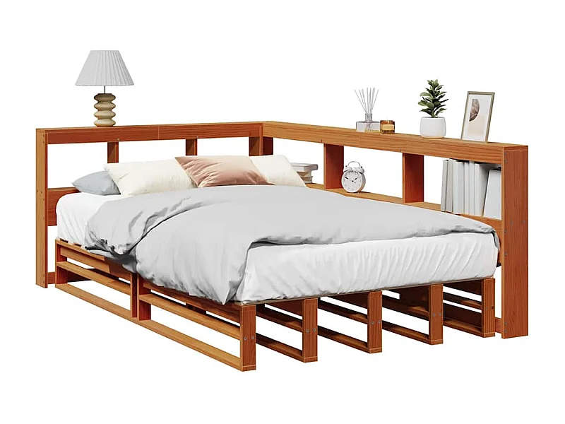 Bed met boekenkast zonder matras grenenhout wasbruin 120x190 cm