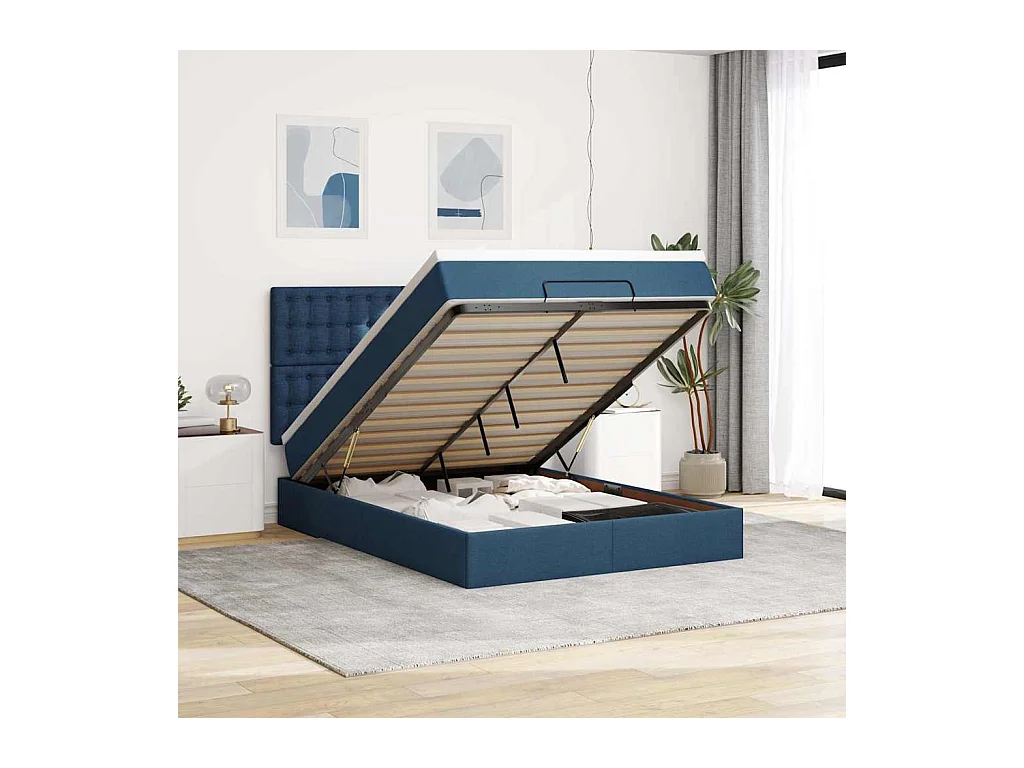 Estructura de cama otomana con colchón tela azul 140x190cm