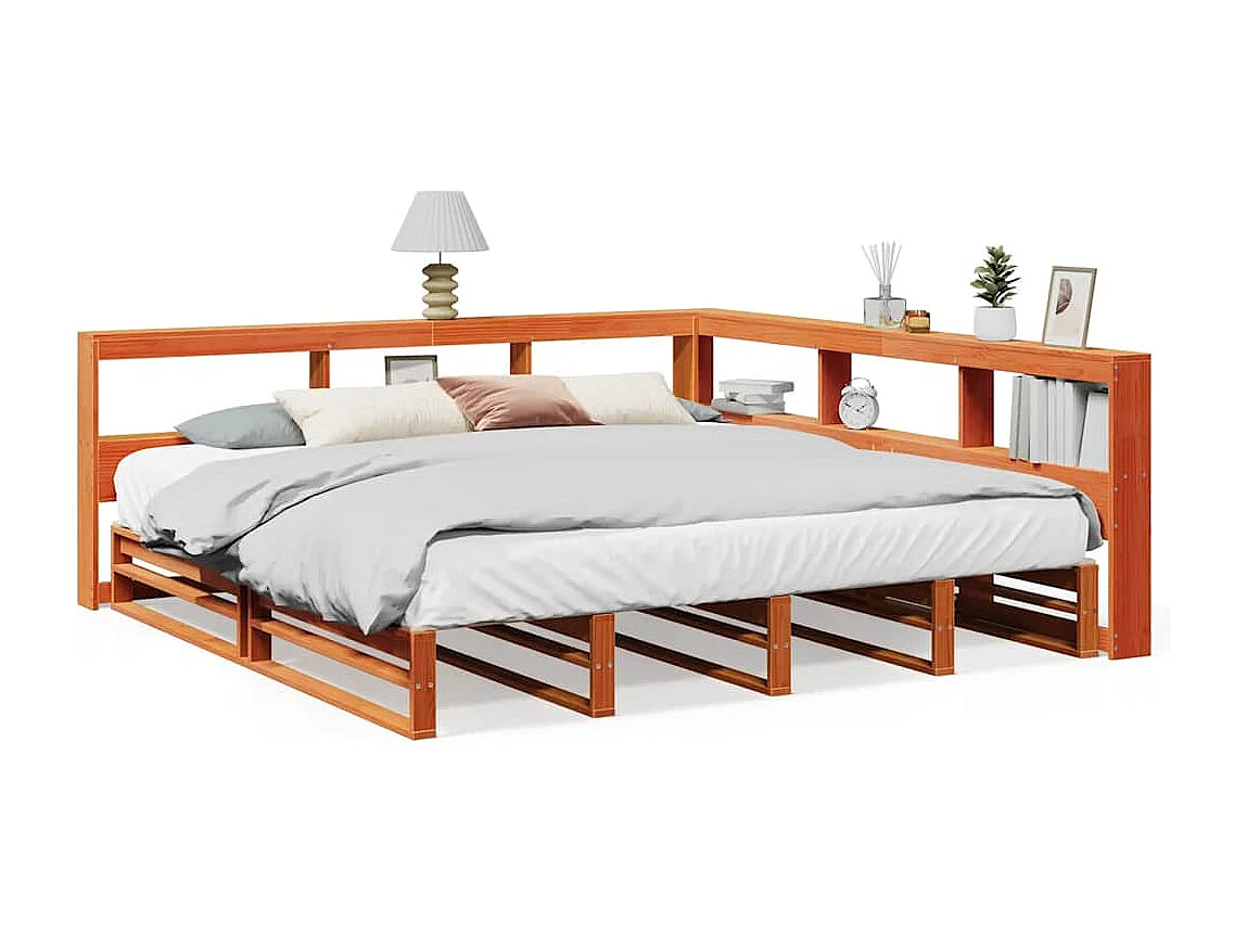 Lit bibliothèque sans matelas cire marron 200x200 cm pin massif