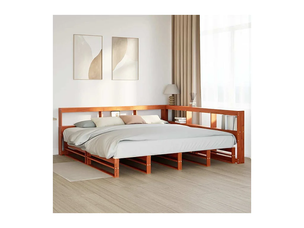 Lit bibliothèque sans matelas cire marron 200x200 cm pin massif