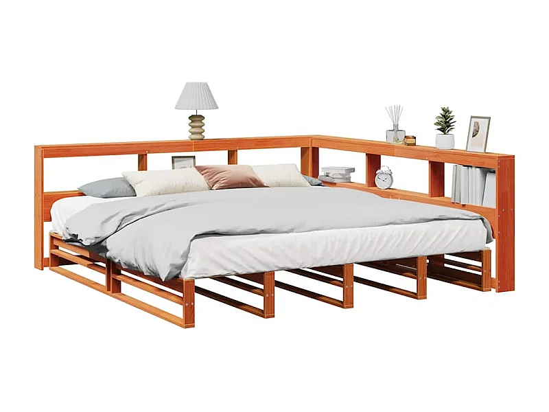 Bed met boekenkast zonder matras grenenhout wasbruin 200x200 cm
