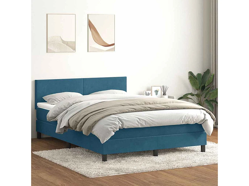 Cama box spring con colchón terciopelo azul oscuro 140x220 cm
