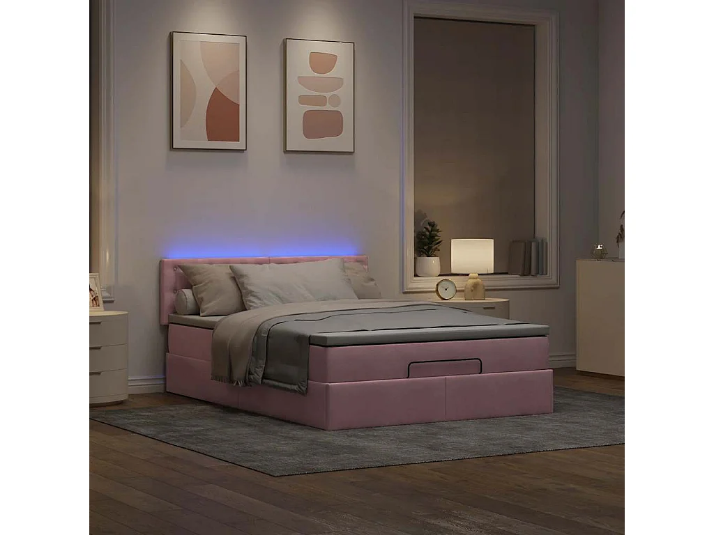 Cadre de lit ottoman avec matelas rose 140x200 cm velours