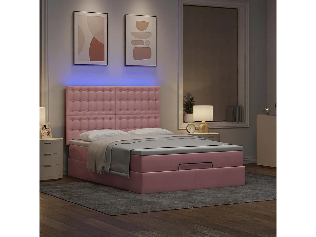 Cadre de lit ottoman avec matelas rose 140x190 cm velours