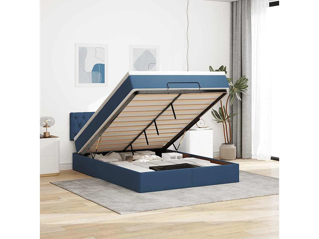 Estructura de cama otomana con colchón tela azul 140x190cm