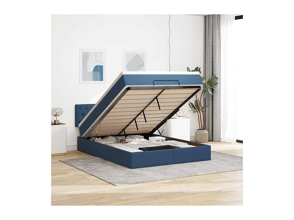Estructura de cama otomana con colchón tela azul 140x190cm