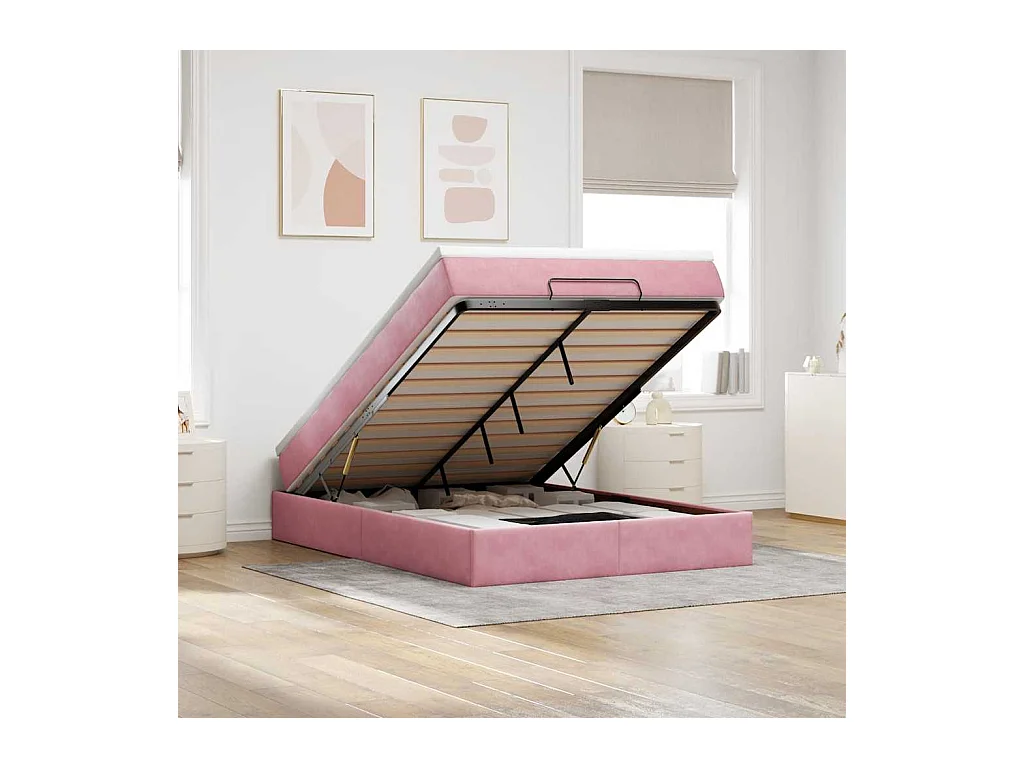 Cadre de lit ottoman avec matelas rose 140x190 cm velours