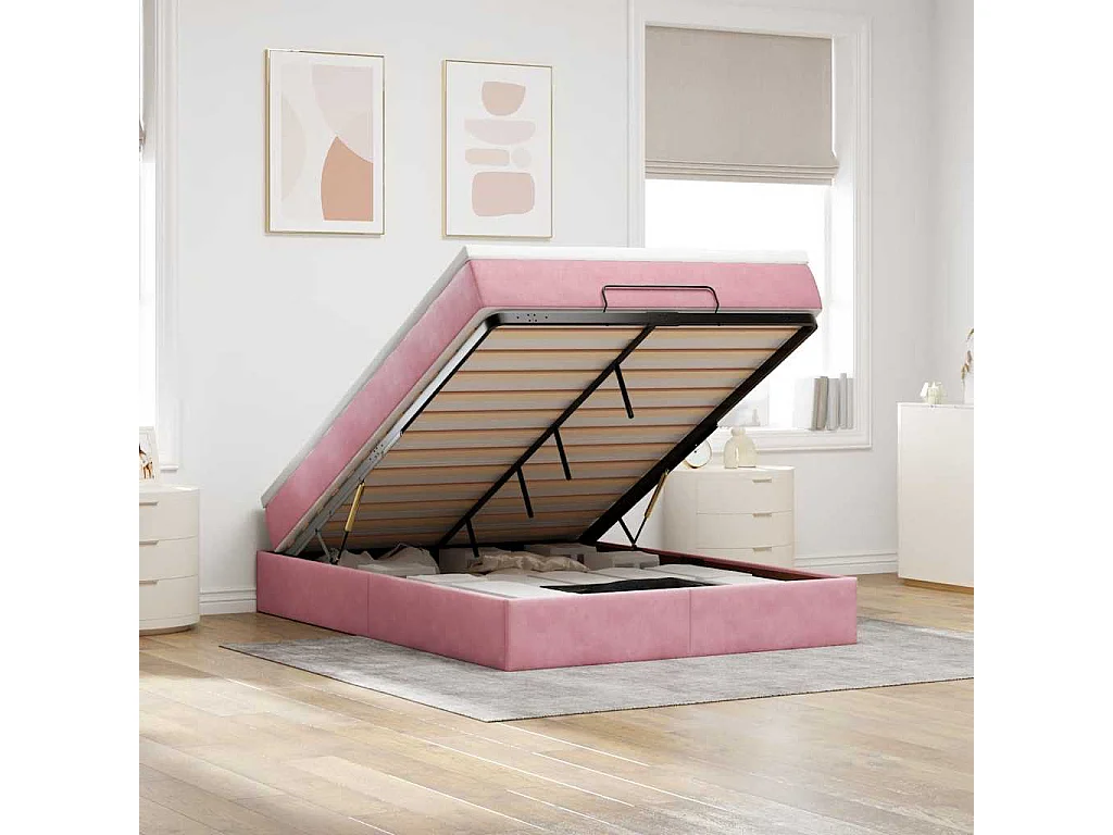 Cadre de lit ottoman avec matelas rose 140x190 cm velours
